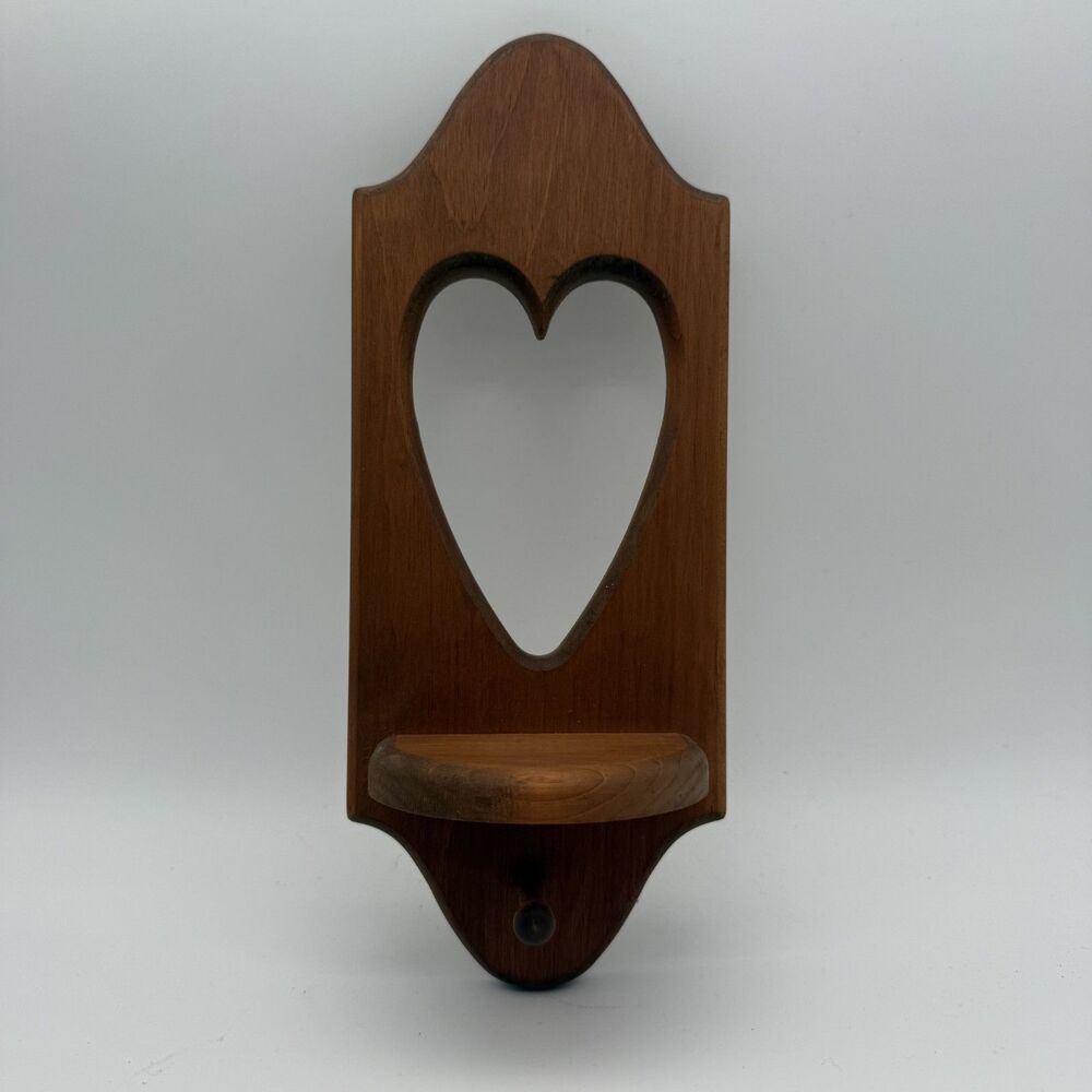 Vtg Wood Wall Sconce Heart Cutout Shelf Peg Wood Cottage Country Granny Core
